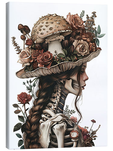 Canvas print Skeleton woman in hat with mushrooms