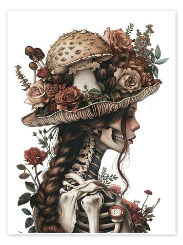 Poster Skeleton woman in hat with mushrooms