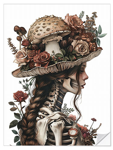 Wall sticker Skeleton woman in hat with mushrooms