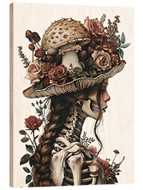 Puutaulu Skeleton woman in hat with mushrooms