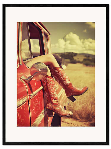 Framed art print Vintage boots and retro US car