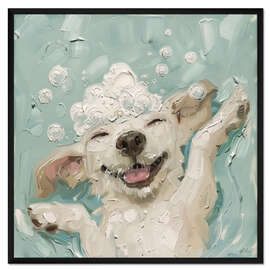 Gerahmter Kunstdruck Glücklicher Hund im Badezimmer