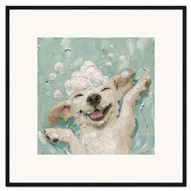 Impression artistique encadrée Happy dog in the bathroom