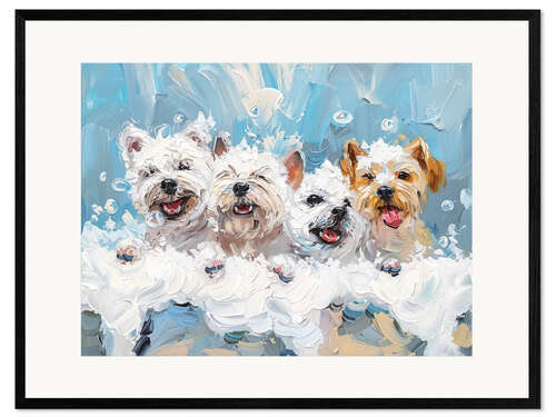 Innrammet kunsttrykk Four cute puppies in a bubble bath