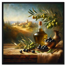Gerahmter Kunstdruck Stillleben mit Öl und Oliven, Toskana I