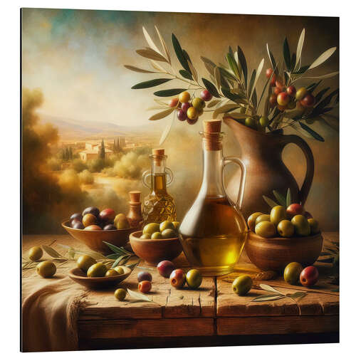 Stampa su alluminio Still life with oil and olives, Tuscany II