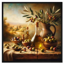 Gerahmter Kunstdruck Stillleben mit Öl und Oliven, Toskana II
