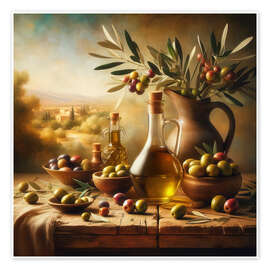 Poster Still life with oil and olives, Tuscany II