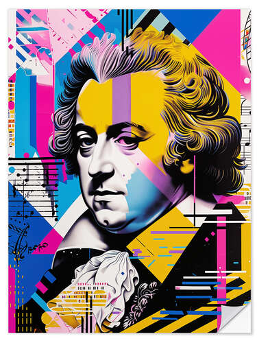 Självhäftande poster Mozart Portrait, Memphis Pop Art Style