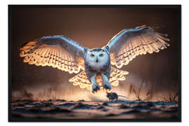 Gerahmter Kunstdruck Schnee-Eule bei der Jagd