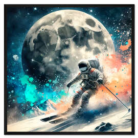 Gerahmter Kunstdruck Astronaut beim Skifahren auf dem Mond