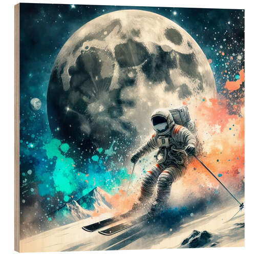 Wood print Astronaut skiing on the moon