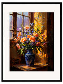 Gerahmter Kunstdruck Vase mit Blumen am Fenster