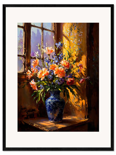 Gerahmter Kunstdruck Vase mit Blumen am Fenster