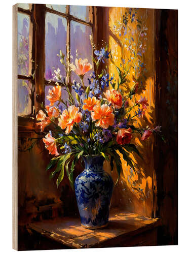 Holzbild Vase mit Blumen am Fenster