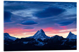 Quadro em acrílico Lenticular clouds during sunrise behind Schreckhorn