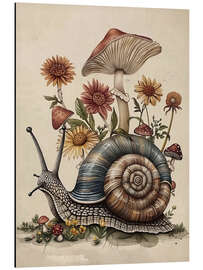 Aluminium print Snail with mushroom and flowers