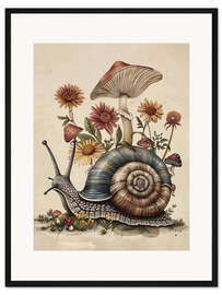 Gerahmter Kunstdruck Schnecke mit Pilz und Blumen