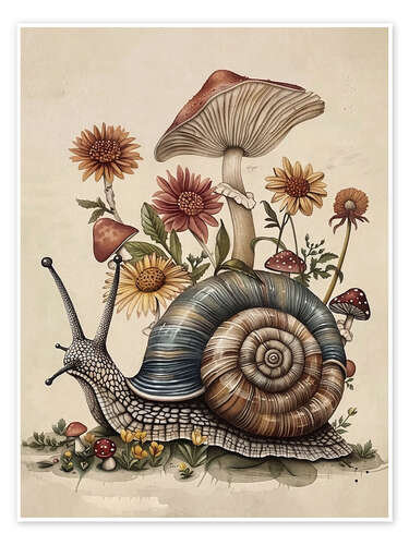 Poster Snail with mushroom and flowers