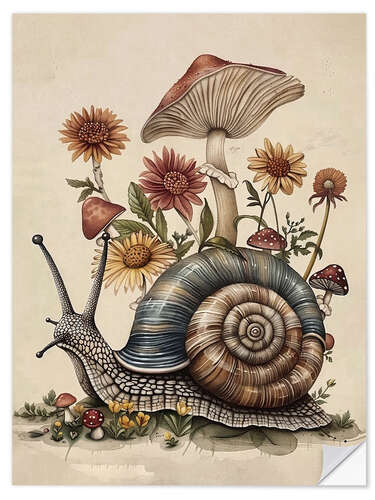 Vinilo para la pared Snail with mushroom and flowers