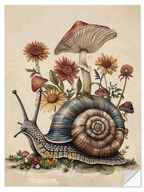 Sticker mural Snail with mushroom and flowers