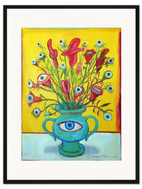 Gerahmter Kunstdruck Blumen mit Mund und Augen