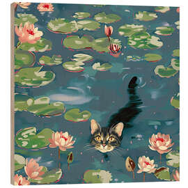 Wood print Monet Cat Water and Lilies