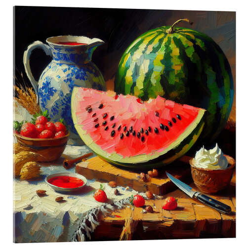 Acrylic print Still life with watermelon and vase