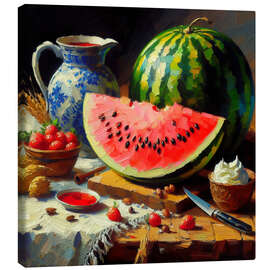 Canvas print Still life with watermelon and vase