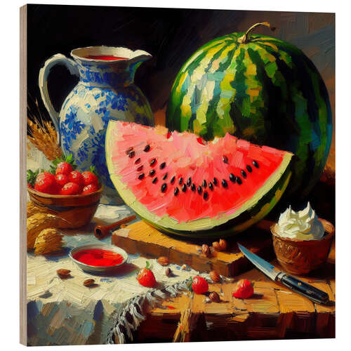 Wood print Still life with watermelon and vase