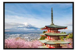 Gerahmter Kunstdruck Grandioser Blick zum Fuji mit Chureito Pagode zur Kirschblüte