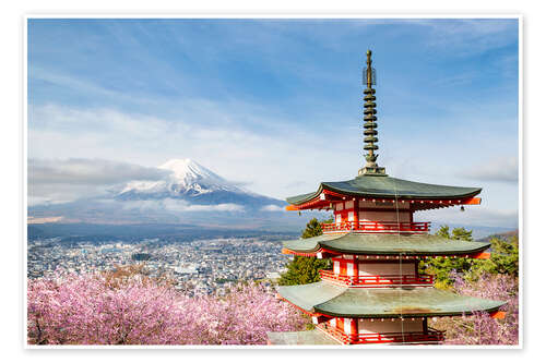 Poster Grandioser Blick zum Fuji mit Chureito Pagode zur Kirschblüte