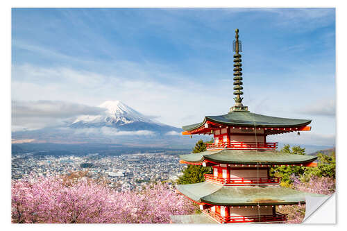 Adesivo murale Mount Fuji with Chureito Pagoda during cherry blossom