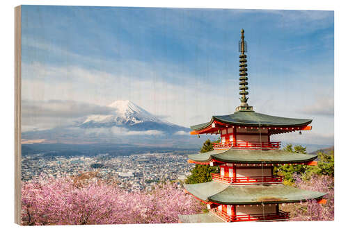 Hout print Mount Fuji with Chureito Pagoda during cherry blossom