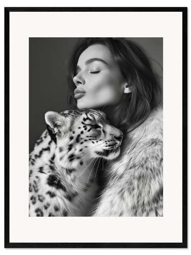 Innrammet kunsttrykk Cuddly snow-leopard in black and white