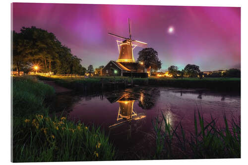 Tableau en verre acrylique Northern Lights and Mill in the Netherlands