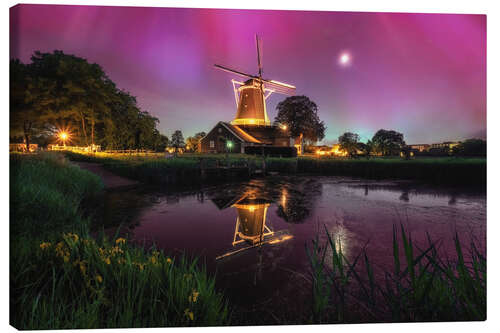 Canvas print Northern Lights and Mill in the Netherlands