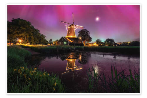 Plakat Northern Lights and Mill in the Netherlands