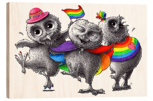 Wood print Happy dancing Pride owls