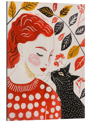 Aluminium print Redhead woman with black cat