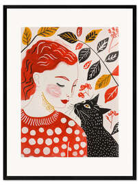 Ingelijste kunstdruk Redhead woman with black cat