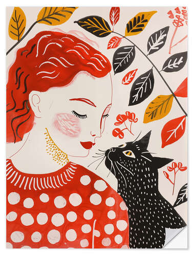 Selvklebende plakat Redhead woman with black cat