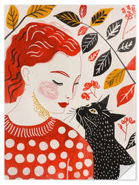 Sisustustarra Redhead woman with black cat