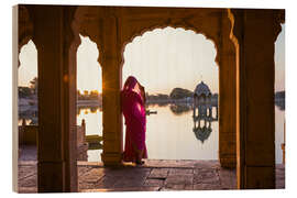 Holzbild Indische Frau am See, Jaisalmer, Indien