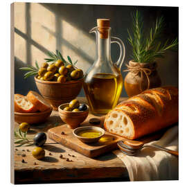 Tableau en bois Oil and bread still life
