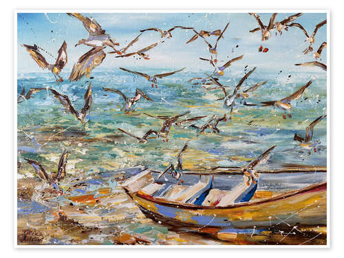 Poster Boat and seagulls