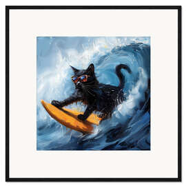Gerahmter Kunstdruck Schwarze Katze auf der Brandung