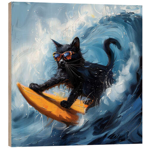 Wood print Black cat on surf