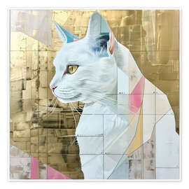 Poster White cat in gold