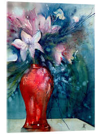 Acrylglasbild Weisse Lilien in roter Vase Aquarellbild - Sabina von Arx
